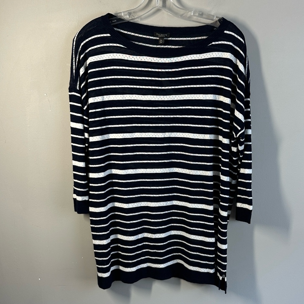 NWT Talbots Navy & White Striped Linen Lightweight Blend Sweater Sz 1XP Nautical